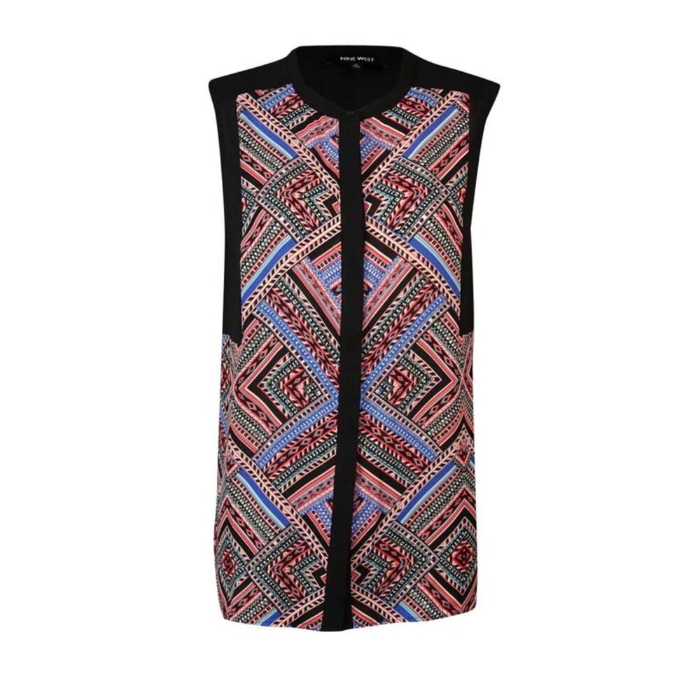 Nine West Women's Printed Colorblock Button Down Blouse - Black Multi